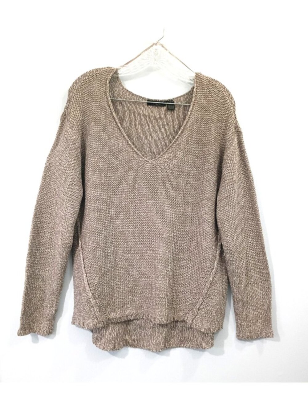 RDI Women's Sweater Beige Knit Brown Suede Elbow Patches High Low - XL NWT